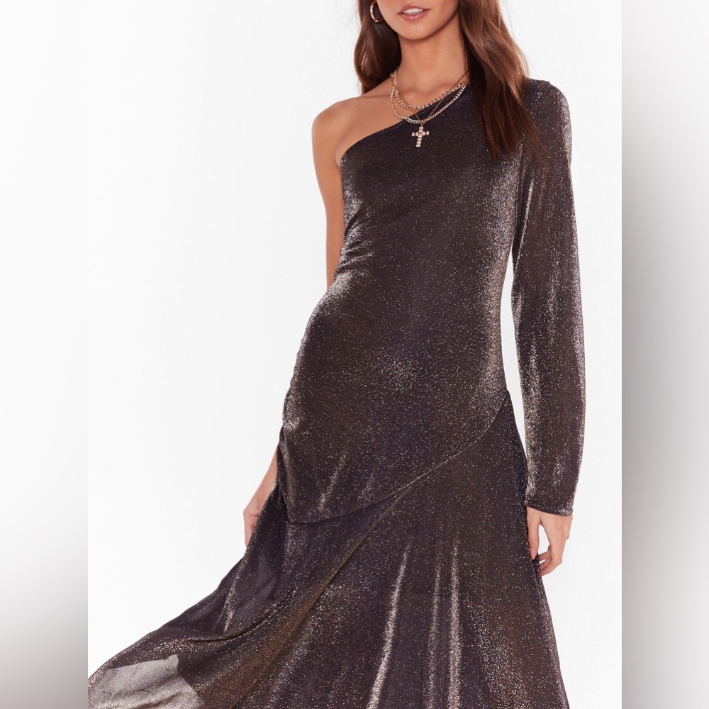 Nasty Gal SPARKLY ONE SHOULDER LONG SLEEVED MAXI DRESS -Size 4